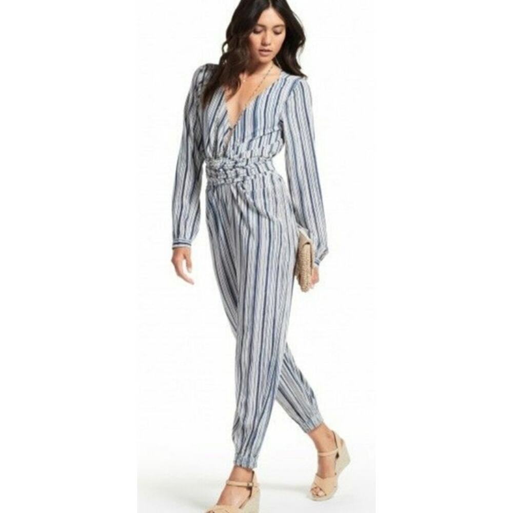 Calypso St. Barth Mahonia Stripe Silk Jumpsuit blue and white wrap tie waist S